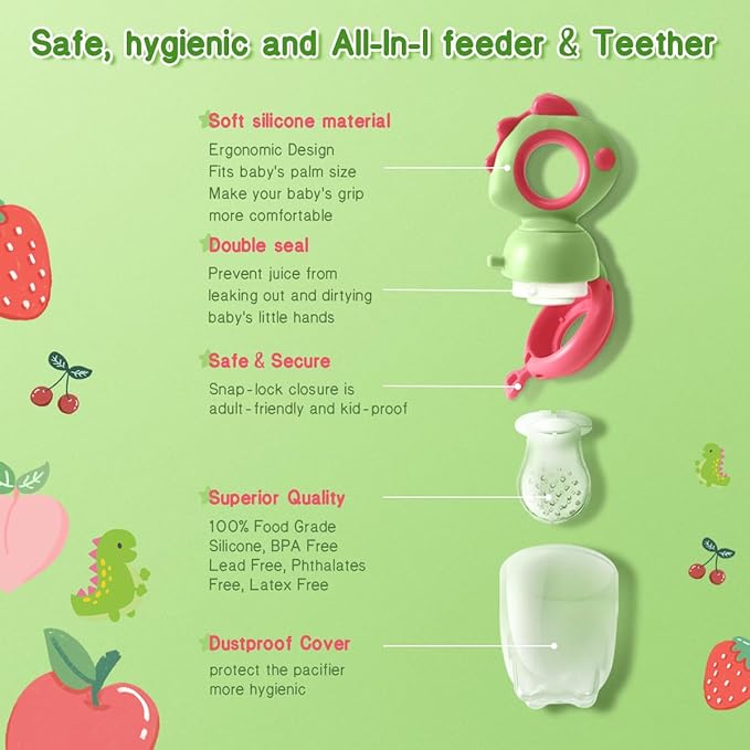 Baby Fruit Food Feeder - Silicone Nibble Tray Combo - Breastmilk Popsicle Mold for Cooling Relief, BPA Free Mesh Feeder for Infant Self Feeding (Dinosaur Green + Pineapple)