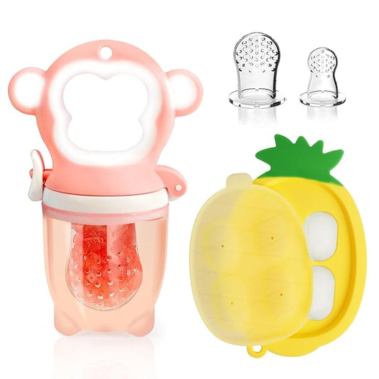 Baby Fruit Food Feeder - Silicone Nibble Tray Combo - Breastmilk Popsicle Mold for Cooling Relief, BPA Free Mesh Feeder for Infant Self Feeding (Monkey Pink + Pineapple)