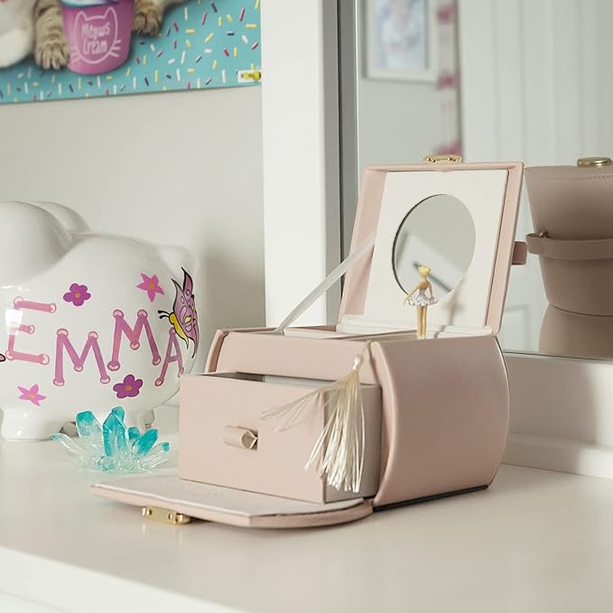 Vlando Musical Jewelry Box with Spinning Ballerina, Lockable Girls’ Jewelry Organizer for Necklaces Rings and Hair Accessories, Gift for Girls and Kids, Pink