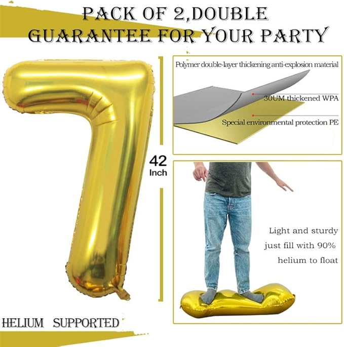 GOER Gold Foil Balloons Number 7,Huge Number Balloons for 7th Birthday Party Supplies Anniversary Decorations(3 pcs,42 inch,32 inch,16inch)