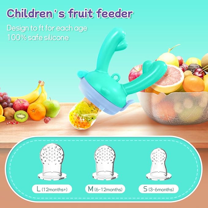 Baby Fruit Food Feeder - Silicone Nibble Tray Combo - Breastmilk Popsicle Mold for Cooling Relief, BPA Free Mesh Feeder for Infant Self Feeding (Antler Blue + Pineapple)