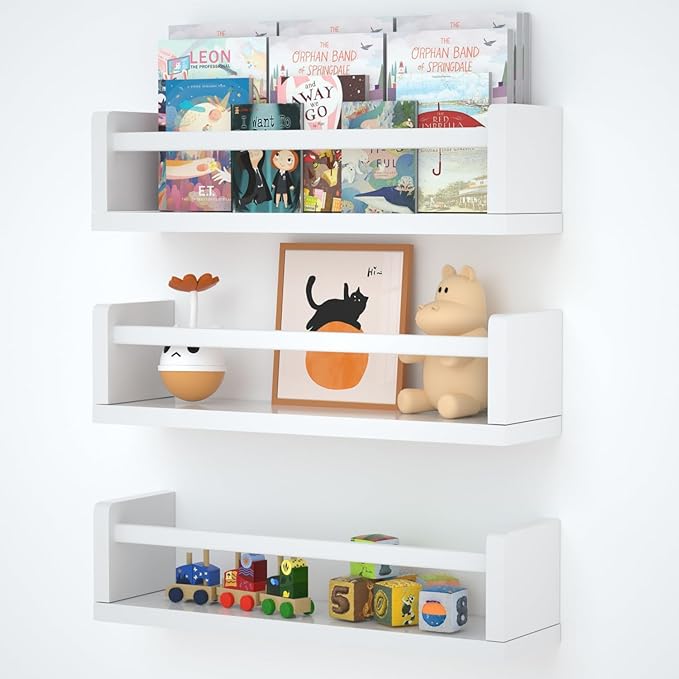 Nursery Floating Shelves for Kids Room, Set of 3 Wall Book Shelves for Kitchen Living Room, Book Shelf Wall Mounted for Baby Kids Bedoom Bathroom (White, 16inch Set 3)