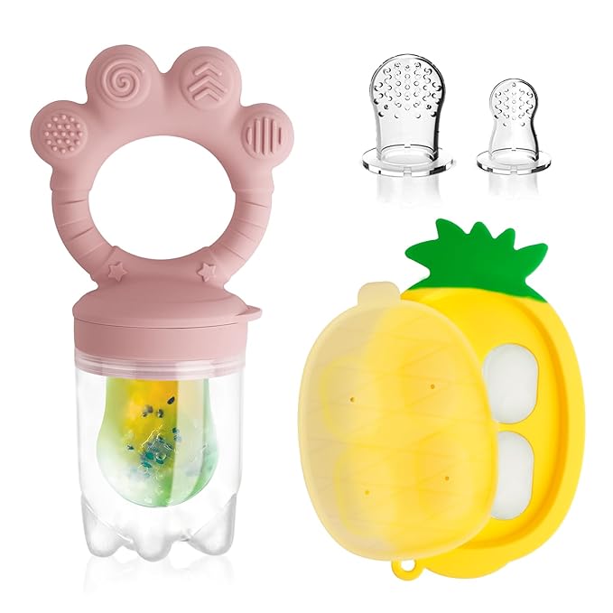Baby Fruit Food Feeder - Silicone Nibble Tray Combo - Breastmilk Popsicle Mold for Cooling Relief, BPA Free Mesh Feeder for Infant Self Feeding (Claw Pink + Pineapple)