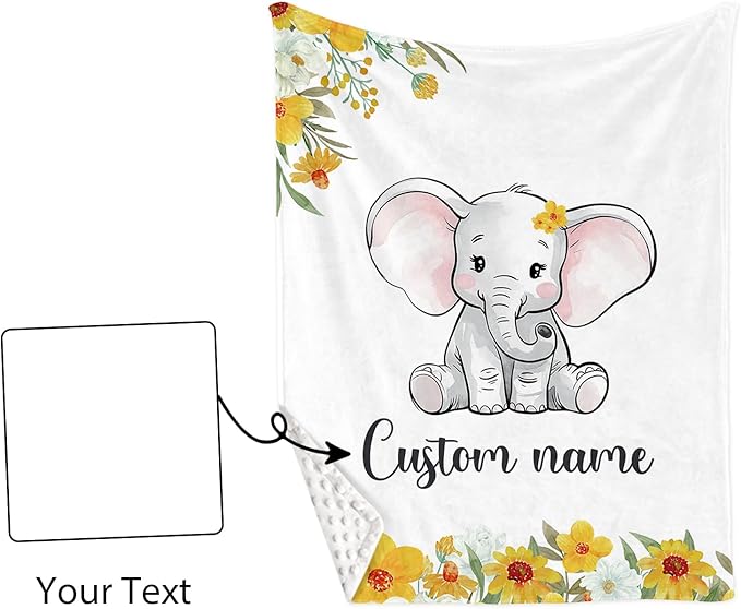 Custom Nursery Crib Bedding Set: 4 Piece Yellow Floral Elephant Design Baby Crib Sets for Girls with Personalized Name - Toddler Double Layer Blanket Set, Comfortable Crib Bed Sheets for Baby Toddlers