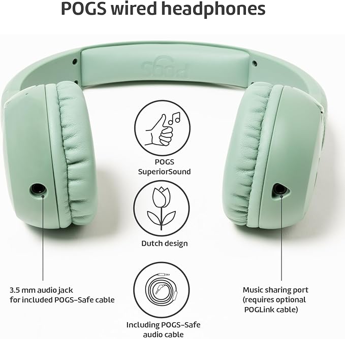 POGS Kids Wired Headphones | The Elephant 2 | Adjustable, Durable Headphones for Kids 3+ | Limited to 85 dB, Microphone | On-Ear | Music-Sharing Function Safe 3.5mm Audio Cable (3.2ft) (rGreen)