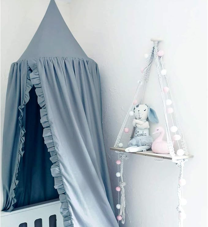 Bed Canopy with Frills Reading Nook Game Tent for Kids Boho Hanging Net Play Room Decor(Blue)