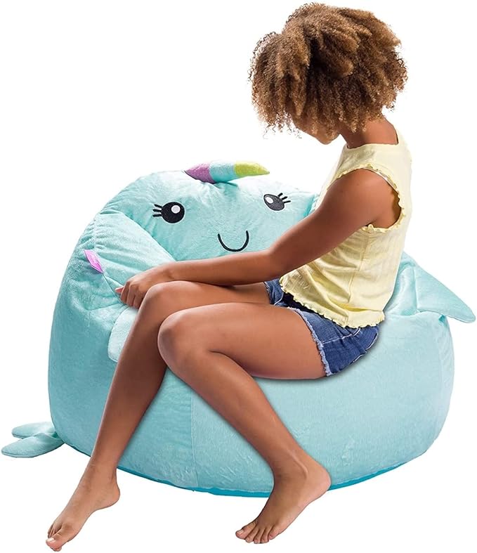 Posh Creations Cute Soft and Comfy Bean Bag Chair for Kids, Animal - Blue Narwal