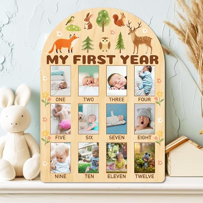 ORIGACH My First Year Baby Growth Photo Display Wood Board - 12 Months Newborn Milestones Photo Board - Neutral Baby Keepsake Board 1st Birthday Party Nursery Decor - Forest Animal & Flower