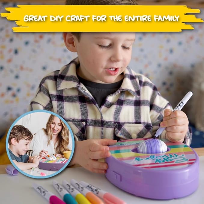 The Eggmazing Egg Decorator Easter Egg Decorator Kit - Arts and Crafts Set - Includes Egg Decorating Spinner and 8 Colorful Quick Drying Non Toxic Markers (Purple) - Packaging May Vary