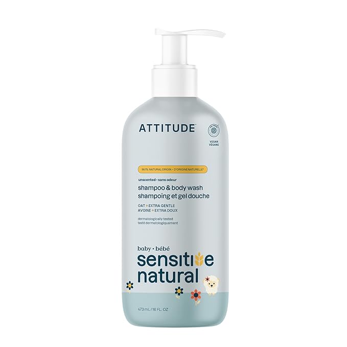 ATTITUDE 2-in-1 Shampoo and Body Wash for Baby, EWG Verified, Plant- and Mineral-Based Ingredients, Vegan and Cruelty-Free Products for Sensitive Skin, Unscented, 16 Fl Oz