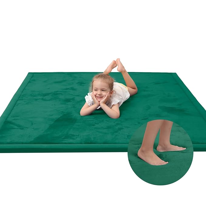 Baby Play Mat for Floor,1.3" Thick Memory foam Tummy Time Mat,Soft Coral Velvet Nursery Rug,Extra Large Non Slip Crawling Mat for Toddlers,Infants,kids,Yoga Mat,Tatami Style for Living Room(Dark Green)