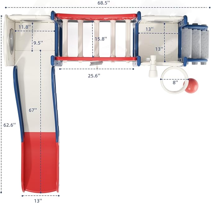 KORIMEFA 10 in 1 Toddler Slide Set, Kids Slide for Toddlers, Outdoor Indoor Playground for Toddlers 1-3, Toddler PlaySet with Basketball Hoop and Ball Golf Set, Climbing Arch(Red & Blue)