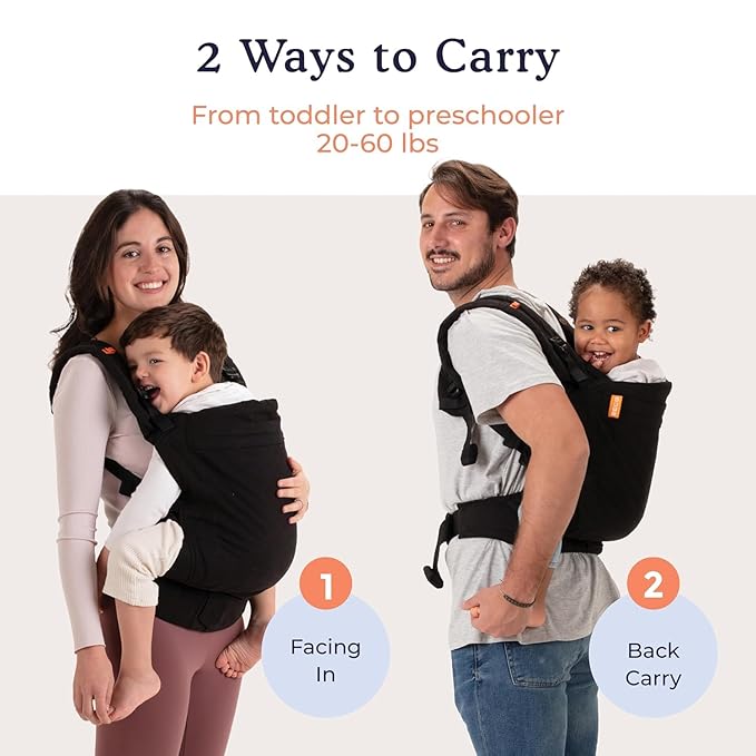 Beco Baby Carrier Toddler Carrier with Extra Wide Seat - 100% Cotton Carrying Backpack Style & Front-Carry,Lightweight & Breathable Child Carrier, Toddler Sling Carrier 20-60 lbs (Metro Black)
