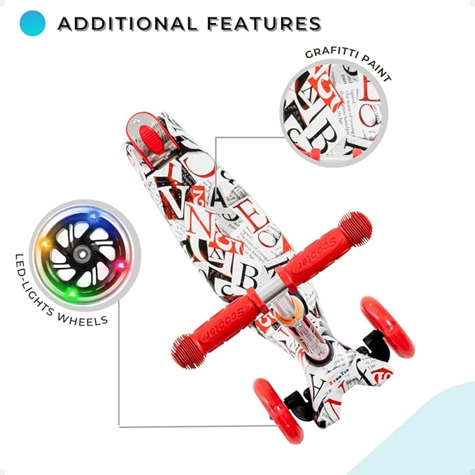 Maxi Scooter for Kids Ages 6-12 Lean-to-Steer 3 Wheel Scooter for Kids Ages 6-12 PU Light-Up Wheels Kids Scooter Adjustable Height Light Weight Aluminum Scooters T-Bar Colorful Design Printed