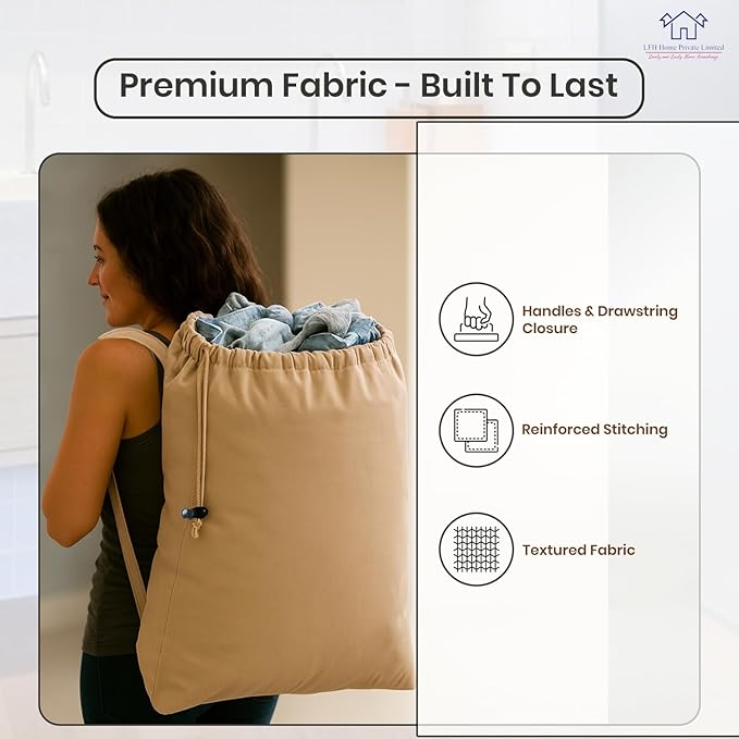 LFH Home Cotton Canvas Large Laundry Bag with Handle, Heavy Duty Drawstring Closure Washable Laundry Bags, School Travel, Home, Hotel, College Dorm, Organizer Sack, Toys Clothes 20x30-Beige
