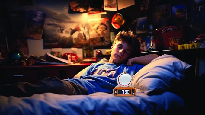 LEXiBOOK, Baseball - Baseball Nightlight Alarm Clock, Sounds and Melodies, LCD Backlit Screen, Luminous, Snooze, Brown/White, RL800BL