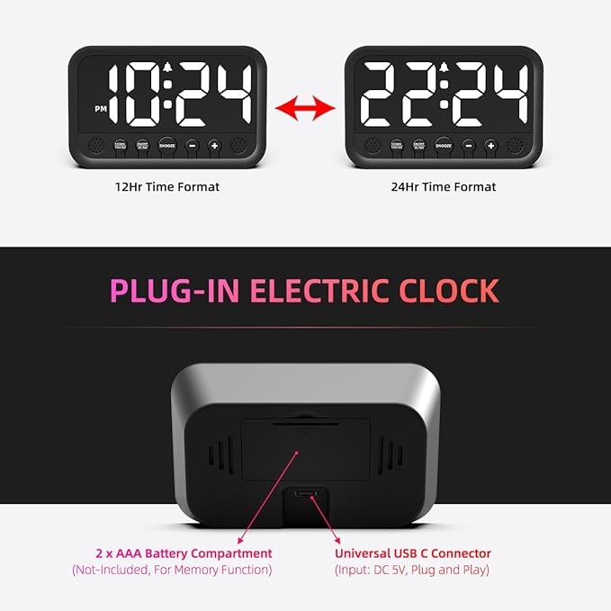 Small LED Digital Clock for Bedroom, Loud Alarm Clock for Heavy Sleepers Adults, Teens | Plug-In Electric Desk Clock | Simple Bedside Nightstand Clock with Adjustable Volume/Brightness/Snooze – White