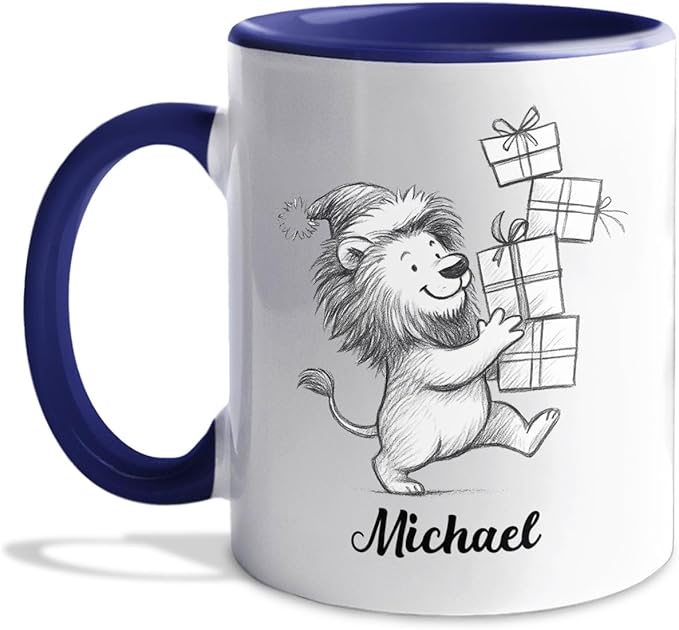 Personalized Lion Lover Coffee Cup 11 Oz 15 Oz, Lion Wild Animal Ceramic Coffee Mug Gift For Kids Child on Birthday Holiday, Custom Name Lions White Accent Teacup, Animal Travel Mug Gift For Friends