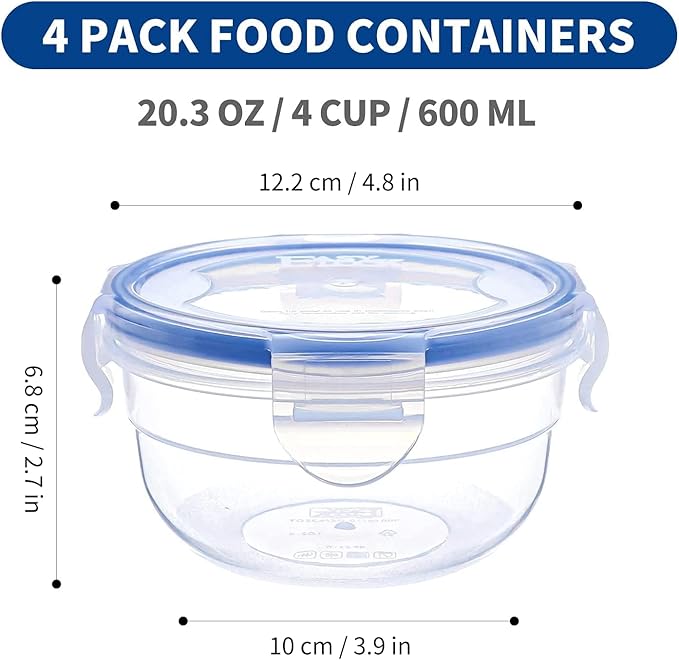 KIGI 4 PACK 20oz Plastic Round Bowls with Lid Leakproof Food Storage Container Set Small Meal Prep Containers Bento Box
