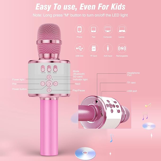 BONAOK Karaoke Microphone for Kids & Adults - Bluetooth Microphones Singing Mic with Disco Lights, Echo Effect, Built-in Speaker Portable Karaoke Player for Party Travel Gifts Q78(Light Pink)