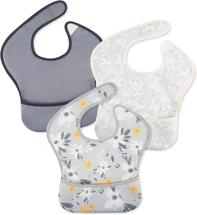 Mess Proof Baby Bib 3 Pack, Waterproof Led Weaning Baby Feeding Bibs with Food Catcher, Travel Feeding Bibs