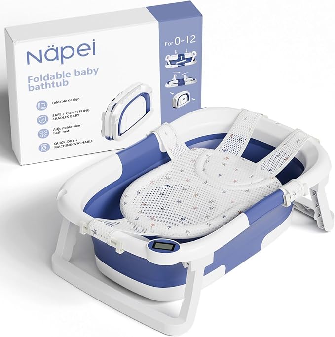 Collapsible Baby Bathtub,Baby Bath Tub with Soft Cushion & Thermometer,Baby Bathtub Newborn to Toddler 0-36 Months,Portable Travel Baby Tub