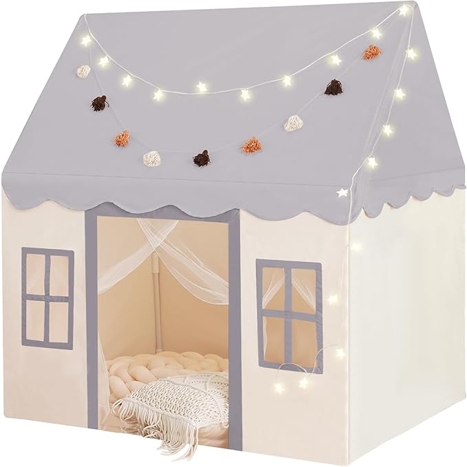 Little Dove Play Tent with mat, Star Lights, Tissue Garland, Kids playtent Indoor, Toddler Play Tent Large Outdoors for Kids Aged 3+, 52" x35" x 52", Toddler Teepee Play House with Windows Grey Color