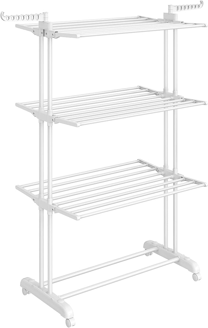 SONGMICS Clothes Drying Rack Stand 4-Tier, Foldable Laundry Drying Rack 68.1-Inch Tall, Stainless Steel, Rolling Clothes Horses Dryer Rack, Easy to Assemble, Indoor Outdoor Use, Cloud White ULLR701W03