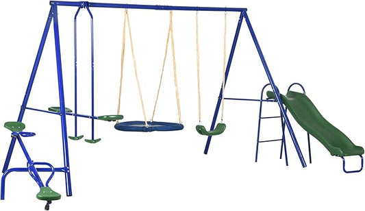 Outsunny Swing Set for Backyard, 5 in 1 Heavy-Duty A-Frame Stand Outdoor Playset for Kids with 29.5" Saucer Swing, Slide, Seesaw, Glider, Swing Seat, Blue