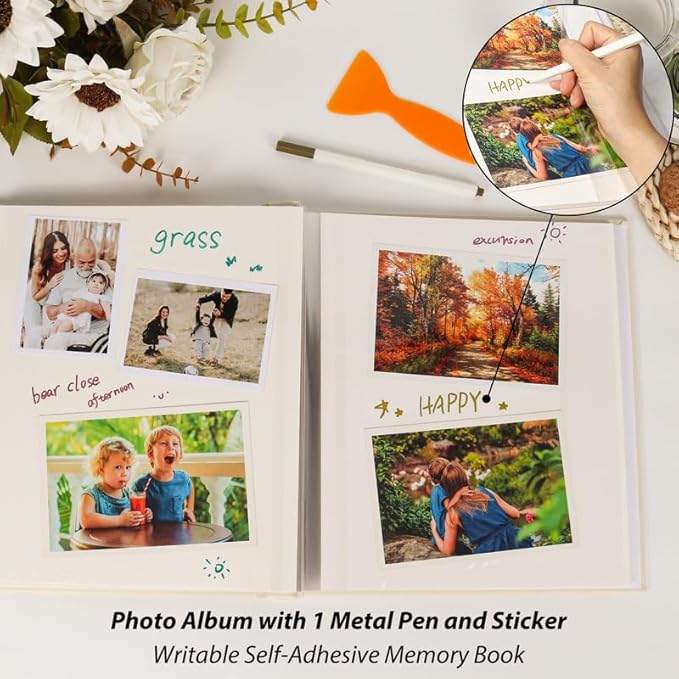 RECUTMS Photo Album Self Adhesive Scrapbook Album with Love Window for 4x6 5x7 8x10 Pictures Leather Magnetic Scrapbook Album DIY 40 Pages with Metallic Pen and Scraping Plate (Orange)