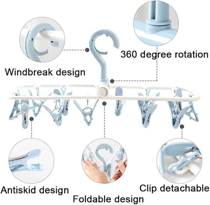Clothes Drying Racks 2 Pack Small Folding Portable Underwear Hangers with Clips Socks 12 Clips 360° Rotatable Hook for Drying Towels Bras Baby Clothes Gloves Plast