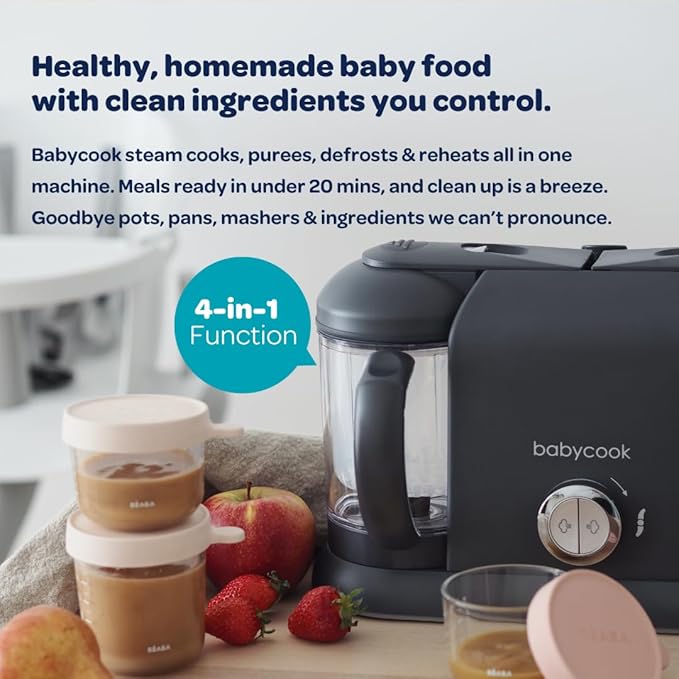 BEABA Babycook Duo 4 in 1 Baby Food Maker, Puree Steamer and Blender for Purees, Grinder with Auto Steam Cooking, Lrg 9.1 Cup Capacity, Makes 54 Servings in 20 Mins, Midnight