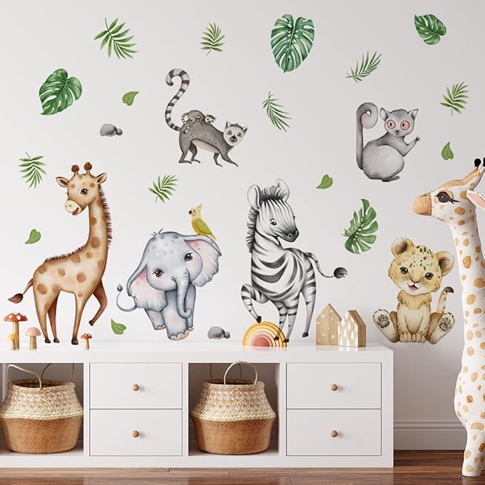 Watercolor Jungle Animal Decals - Forest Safari Elephant Tiger Giraffe Stickers for Baby Nursery, Playroom, Bedroom, Classroom, Kindergarten Wall Decor