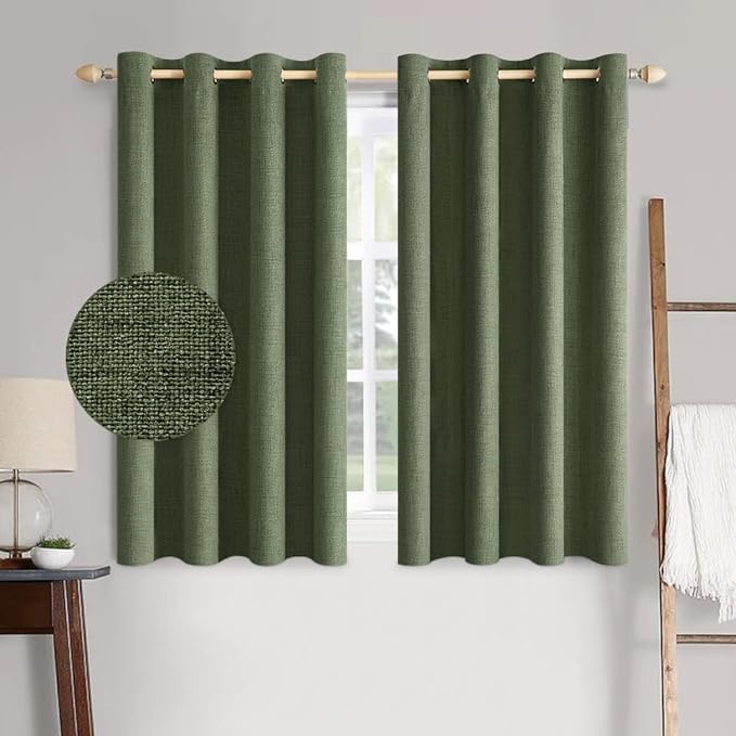 MIULEE 100% Blackout Linen Textured Curtains for Bedroom Solid Thermal Insulated Olive Green Grommet Room Darkening Curtains & Drapes Luxury Decor for Living Room Nursery 52 x 54 Inch (2 Panels)