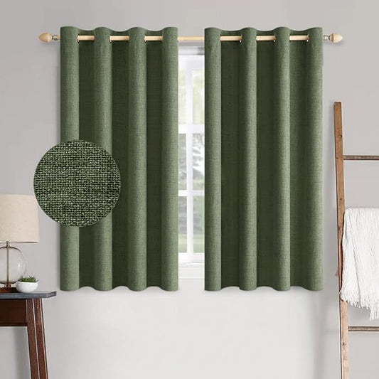 MIULEE 100% Blackout Linen Textured Curtains for Bedroom Solid Thermal Insulated Olive Green Grommet Room Darkening Curtains & Drapes Luxury Decor for Living Room Nursery 52 x 63 Inch (2 Panels)
