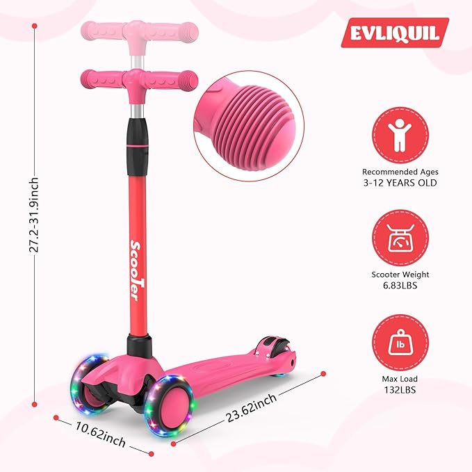 Kids Scooter,Lighted Wheels and 3 Adjustable Height Handlebars Scotters for Kids 3-12,3 Wheel Toddler Kick Scotter for Boys & Girls up to 132 Lbs.