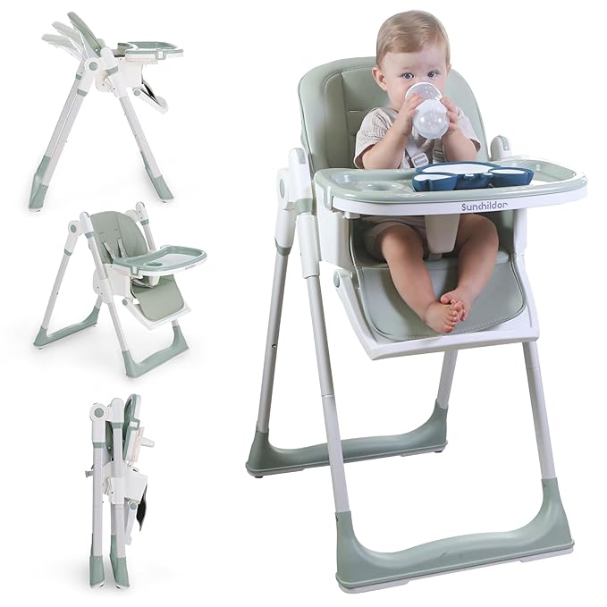 3 in 1 Baby High Chair with Wheels, Adjustable 5 Point Harness, Tray, Foot Rest, Backrest and Seat Height, Foldable High Chair for Toddlers, Green