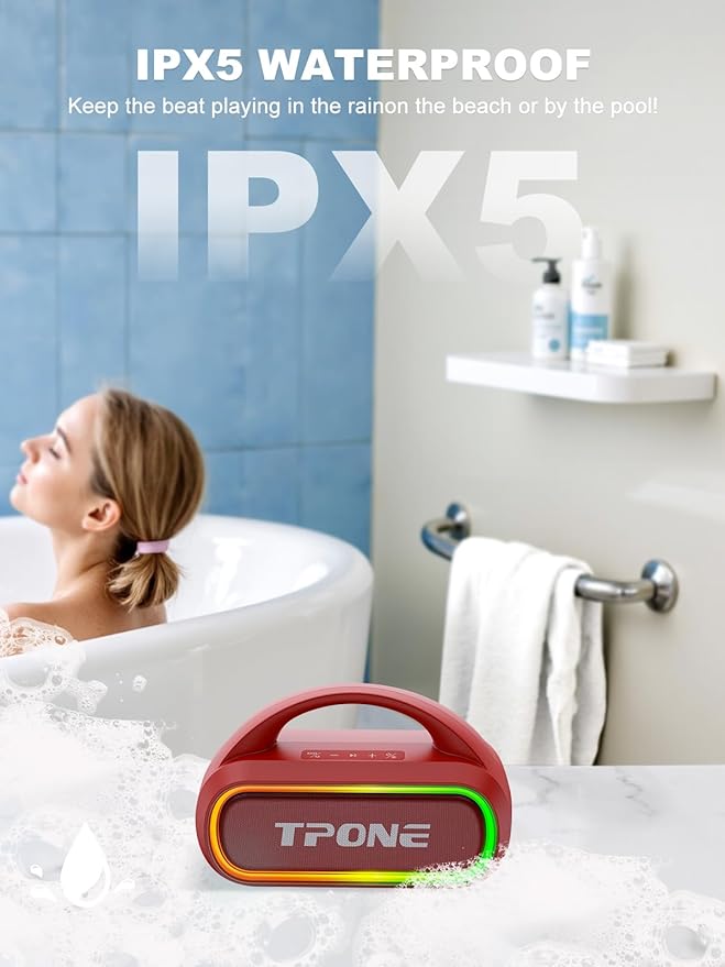 TPone Portable Bluetooth Speaker, 30W (Peak) Wireless Speaker for Outdoor, Up to 12H Playtime, IPX5 Waterproof with Light, TWS Pairing, for Home/Party/Outdoor/Beach, Birthday Gift (Red)