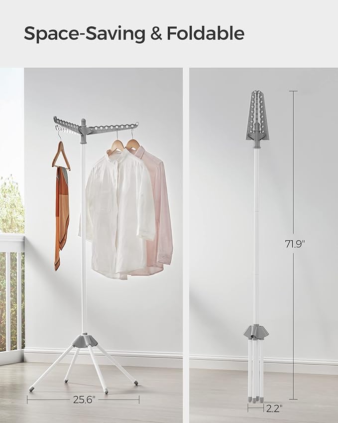 SONGMICS Clothes Drying Rack, 59-Inch Folding Laundry Drying Rack with 3 Rotatable Arms for Hangers, 4 Legs, Stainless Steel, for 27 Pieces of Clothes, Gray and White ULLR510G01