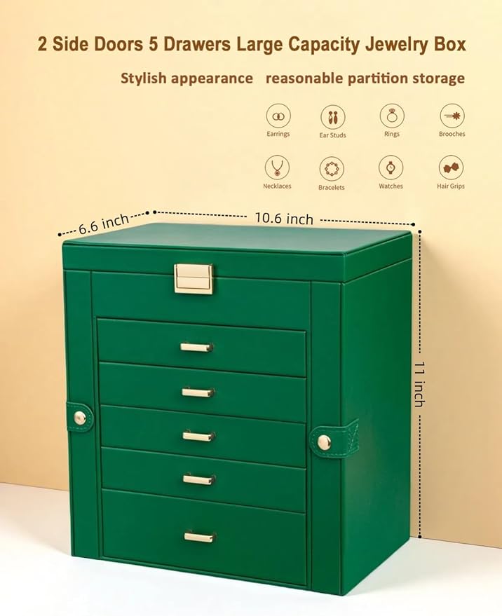 BOOVO Jewelry Box For women, 6 Layer Large Jewelry Organizer With Mirror, Multi-Function Storage Box With Lock, Necklace Holder With 5 Drawers, For Earrings Necklace Bracelet (Green and Gold)