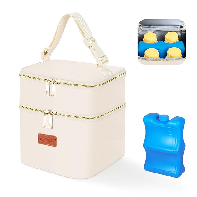 PIIOSER Breast Milk Storage Cooler Bag with Ice Pack, Fits 4 Baby Bottles Up to 5 Ounce, Small Insulated Breastmilk Cooler Travel Bag with Handle Buckle for Nursing & Working Mom Daycare (Cream-XS-1