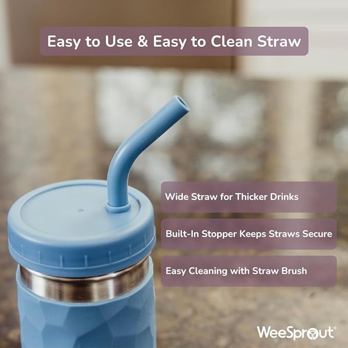 WeeSprout 2-in-1 Drinking Cups for Kids, Durable Stainless Steel Tumbler for Smoothies, Silicone Straws with Stoppers, Premium Plastic Twist Lids, Easy-Grip Sleeves, Set of 4 Dishwasher Safe Kid Cups