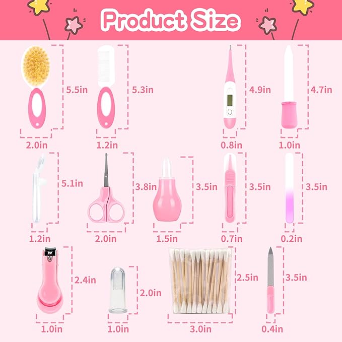 Baby Grooming Kit，Infant Safety Care Setwith Hair Brush Comb Nail Clipper Nasal Aspirator, Baby Essentials Kit for Newborn Girls Boys (14 PC-Pink Kit)