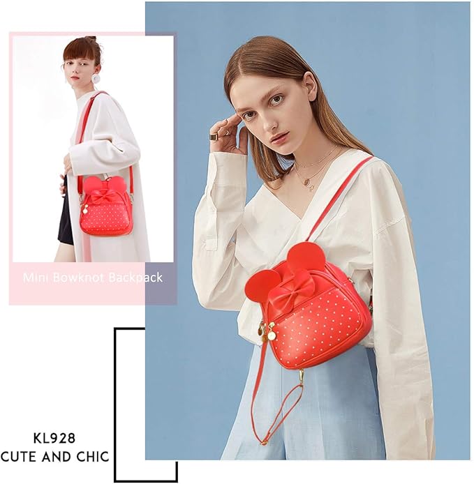 KL928 Girls Bowknot Polka Dot Cute Mini Backpack Small Daypacks Convertible Shoulder Bag Purse for Women