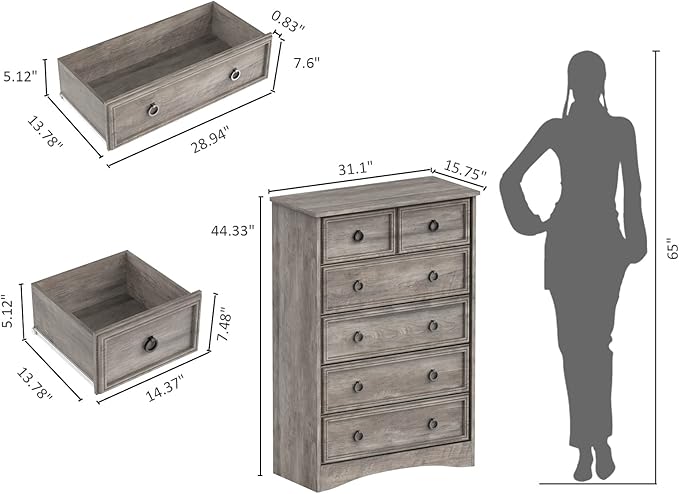 LGHM Modern 6 Drawer Dresser, Dressers for Bedroom, 44.33" Tall Chest of Drawers Closet Organizers & Storage Clothes - Easy Pull Handle, Textured Borders Living Room, Hallway, Gray