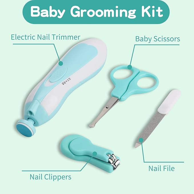 Baby Grooming Kit, Electric Safety Nail Trimmer Baby Nursery Kit，Infant Safety Care Set with Hair Brush Comb Nail Clipper Nasal Aspirator,Baby Essentials Kit for Newborn Girls Boys (20 Pc Green Kit)