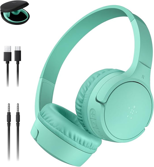Belkin SoundForm Mini - Wireless Bluetooth Headphones for Kids with 30H Battery Life, 85dB Safe Volume Limit, Built-in Microphone - Kids On-Ear Earphones for iPhone, iPad, & More - Mint w/Case