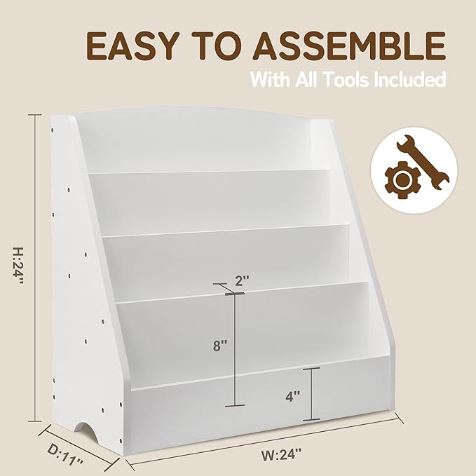 TOETOL 4-Tier Kids Bookshelf - Toddler Book Display Shelves for Classrooms, Playrooms, and Nursery - Wooden Children Book Rack (White)