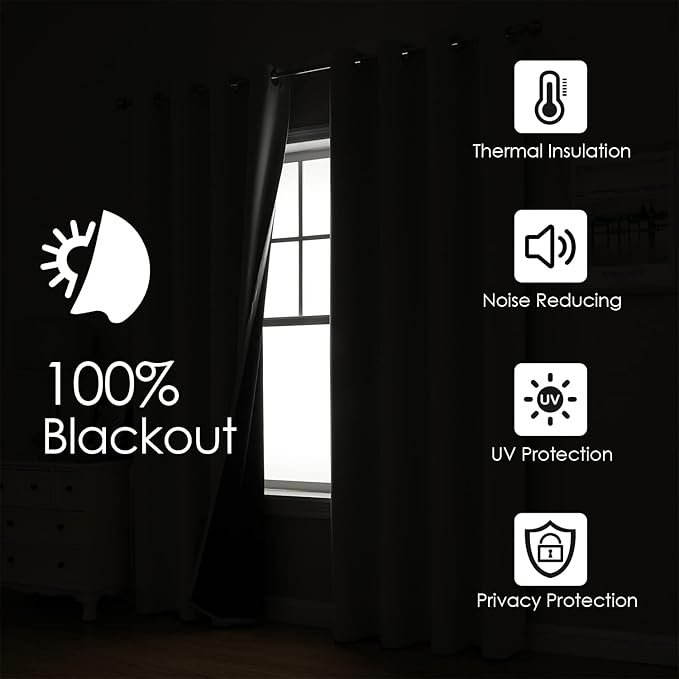 ChrisDowa White 100% Blackout Curtains 90 inch Long for Bedroom with Black Liner, 2 Thick Layers Total Blackout Thermal Insulated Grommet Long Window Curtains 2 Panels Set (Pure White, 52 x 90 Inch)