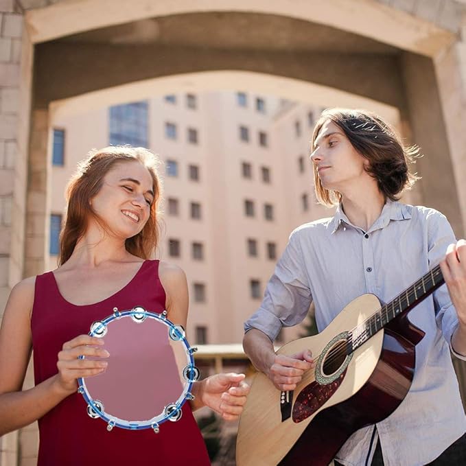 ENNBOM Tambourine Adjustable Tone Hand Drum Double Row Metal Jingles Hand Bell Performance Level Handheld Percussion (Blue)